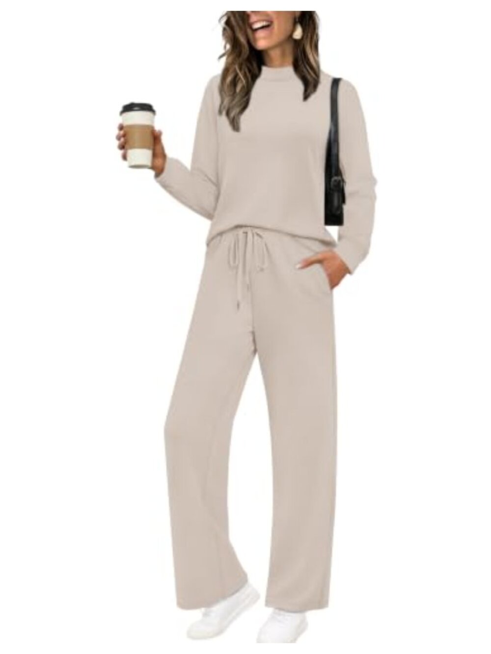 Women's Two Piece Lounge Set Mock Neck Top Wide Leg Pants Matching Set